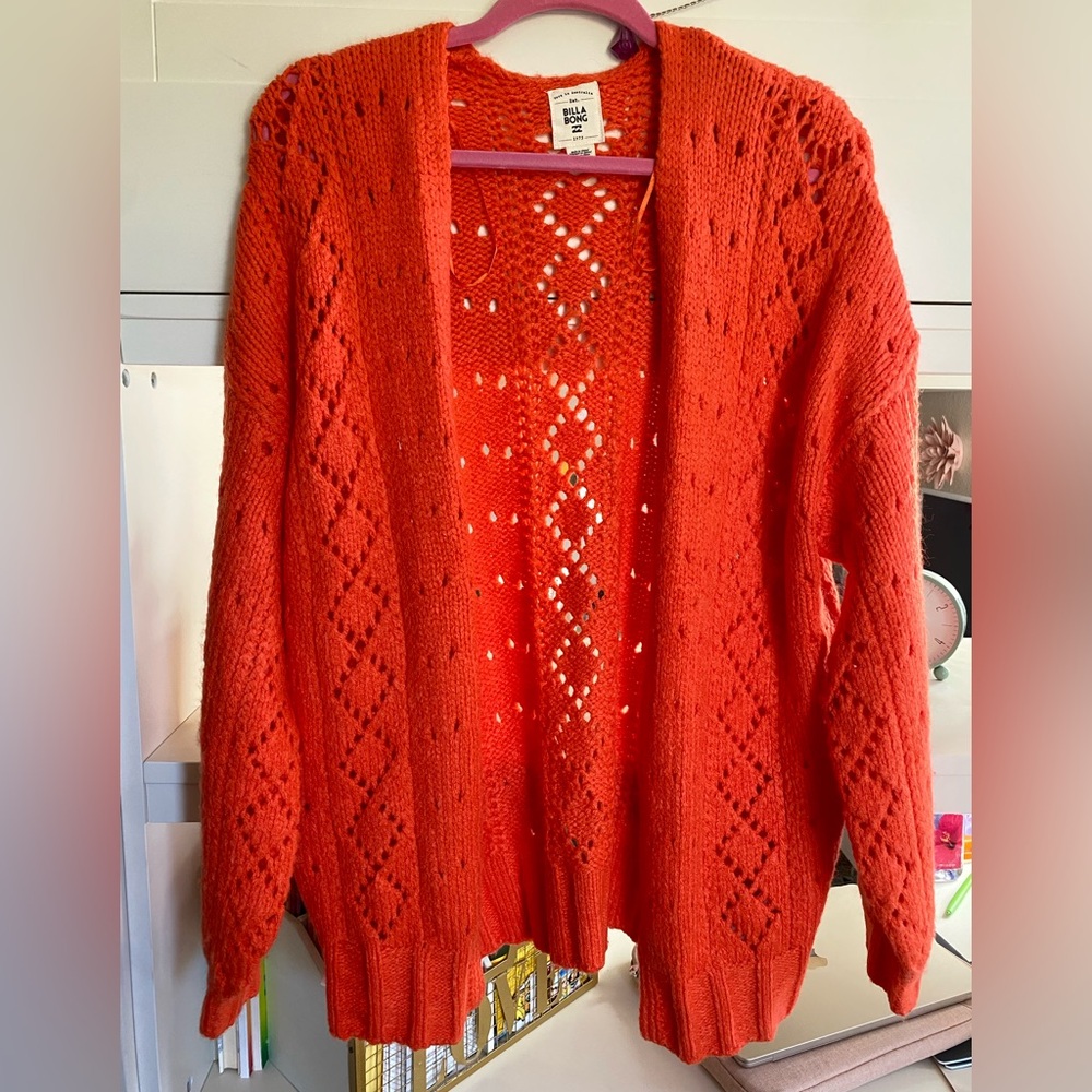 NWOT Billabong Orange-Red Open Knit Cardigan Oversized Sweater
